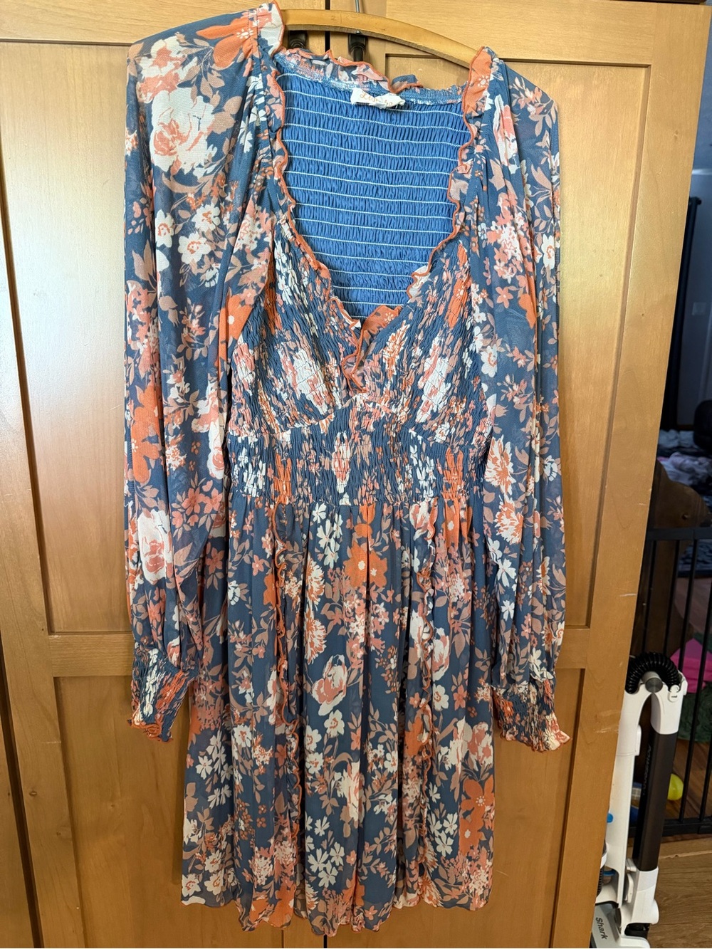Listicle Blue and Rust Floral Smocked V-Neck Long Sleeve Dress